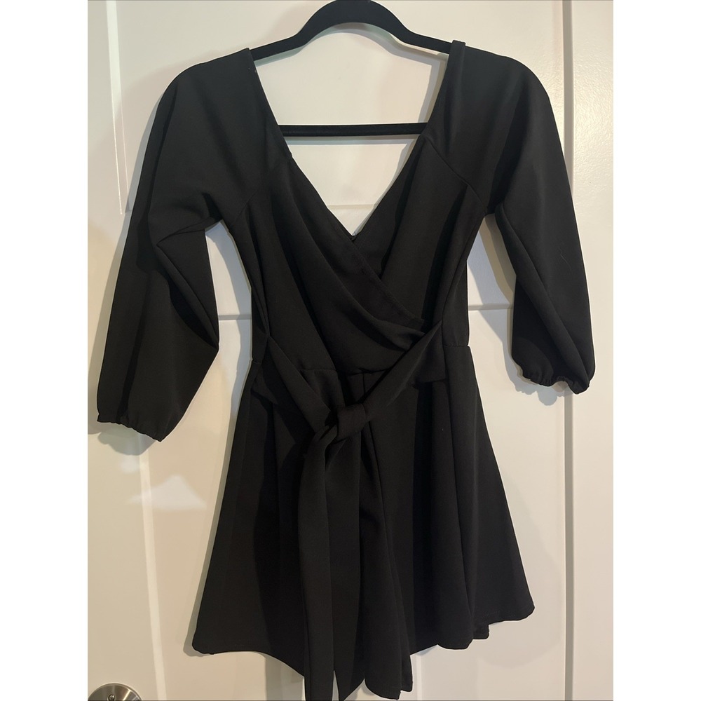 Boohoo Womens Romper Black Size 8 Front Tie Wrap V-Neck Long Sleeve One-Piece